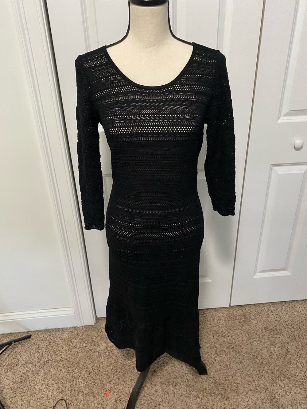 Ralph Lauren Black Crochet Long-Sleeve Midi Dress